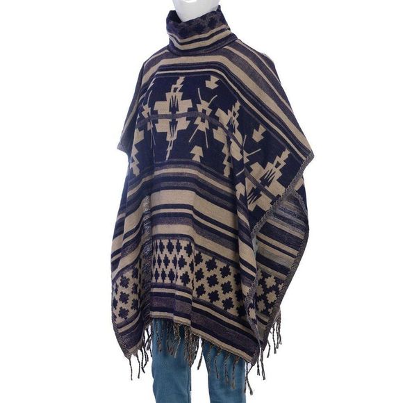 Tribal Print Poncho Acrylic Navy and Tan - Picture 3 of 4